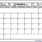 A black and white printable calendar for the month of March 2025. The full page blank monthly calendar prints on a letter-sized landscape orientation paper. There are 2 spots to write notes. The header is decorated with spring images: flowers, a worm, a ladybug, a bee, a dragonfly, and a bird.