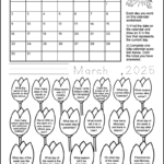 A free printable calendar worksheet for 1st and 2nd grade for the month of March 2025. There are 18 images of tulips, each containing a calendar question. Kids can color the tulips as they answer the questions.