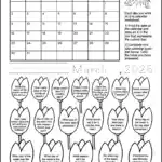A free printable calendar worksheet for 1st and 2nd grade for the month of March 2025. There are 18 images of tulips, each containing a calendar question. Kids can color the tulips as they answer the questions.