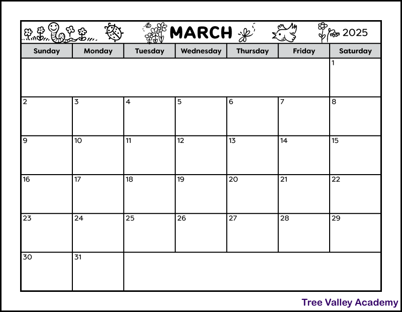 A black and white printable calendar for the month of March 2025. The full page blank monthly calendar prints on a letter-sized landscape orientation paper. There are 2 spots to write notes. The header is decorated with spring images: flowers, a worm, a ladybug, a bee, a dragonfly, and a bird.