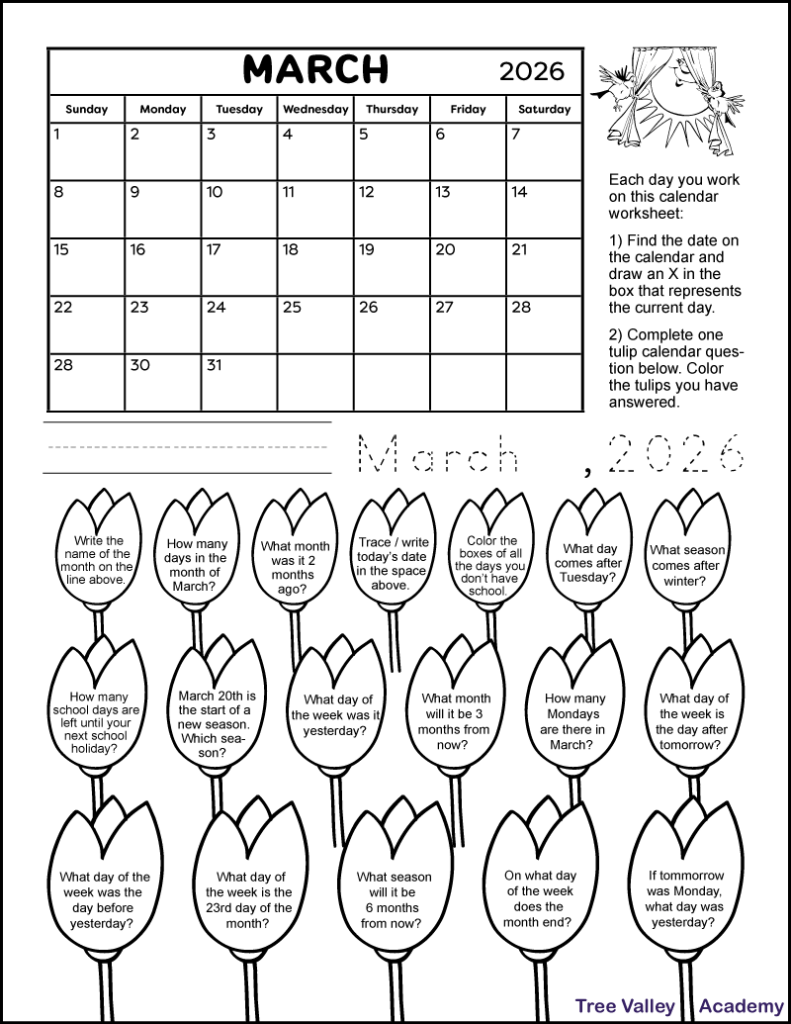 A free printable 1st grade calendar worksheet for the month of March 2026. There are 18 images of tulips, each containing a calendar question. Kids can color the tulips as they answer the questions.