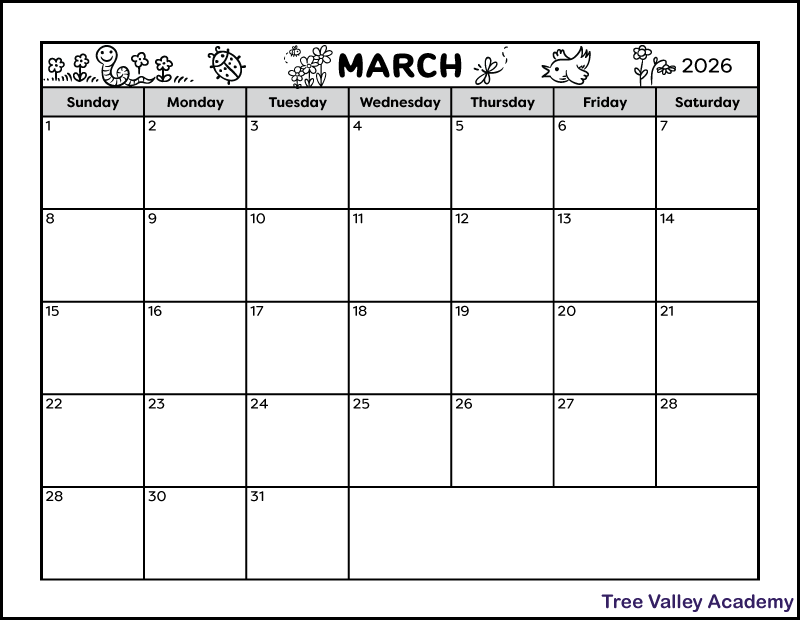 A black and white printable calendar for the month of March 2026. The full page blank monthly calendar prints on a letter-sized landscape orientation paper. There is a spot at the bottom to write notes. The header is decorated with spring images: flowers, a worm, a ladybug, a bee, a dragonfly, and a bird.