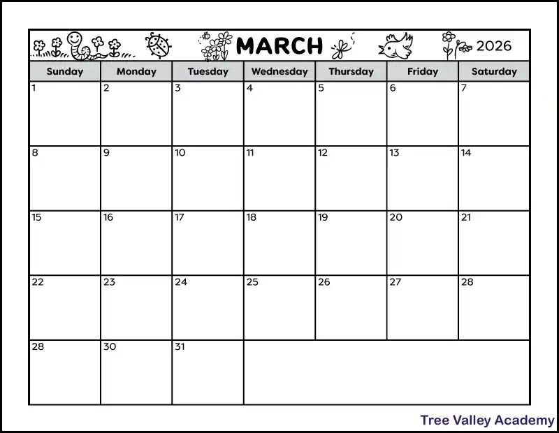 A black and white printable calendar for the month of March 2026. The full page blank monthly calendar prints on a letter-sized landscape orientation paper. There is a spot at the bottom to write notes. The header is decorated with spring images: flowers, a worm, a ladybug, a bee, a dragonfly, and a bird.