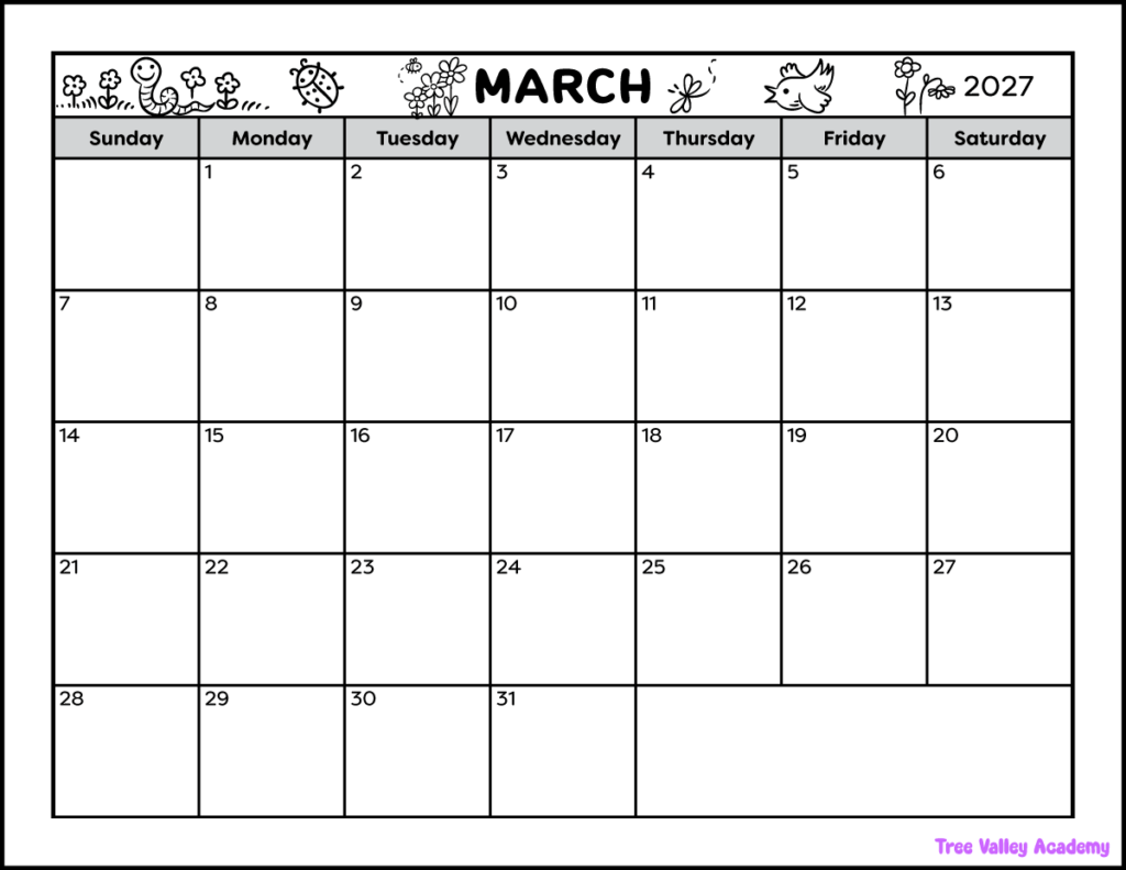 A black and white printable calendar for the month of March 2027. The full page blank monthly calendar prints on a letter-sized landscape orientation paper. There is a spot at the bottom to write notes. The header is decorated with spring images: flowers, a worm, a ladybug, a bee, a dragonfly, and a bird.