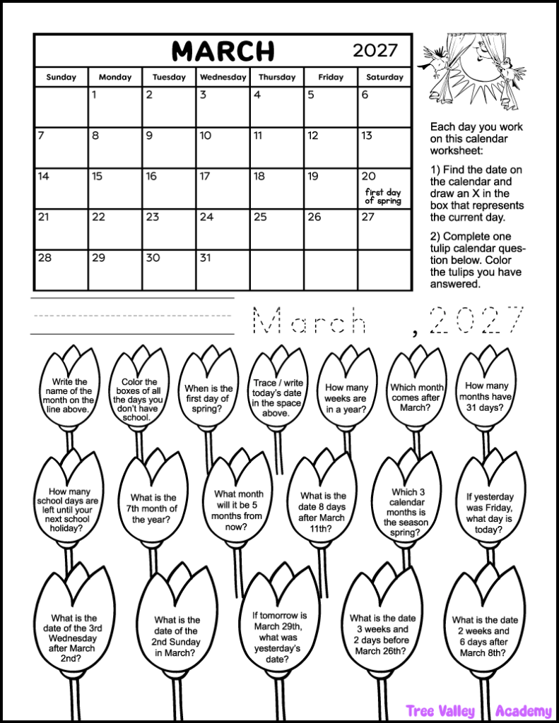 A free printable 1st grade calendar worksheet for the month of March 2027. There are 18 images of tulips, each containing a calendar question. Kids can color the tulips as they answer the questions.