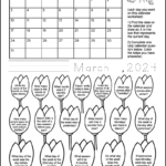 A one page free printable calendar worksheet for 1st and 2nd grade for the month of March 2024. There are 18 images of tulips, each containing a calendar question. Kids can color the tulips as they answer the questions.
