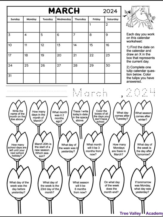 Calendar Worksheet for March 2023 Tree Valley Academy