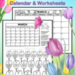 Black and white printable 1st and 2nd grade March calendar worksheet for kids and cute March calendar. The full page blank monthly calendar for the month of March is decorated with cute spring images. The calender worksheet has a calendar of the month and 18 calendar questions written in a tulip. It's a coloring worksheet where kids can color the tulips of questions they've answered. There are also spots for kids to write and trace the current date.