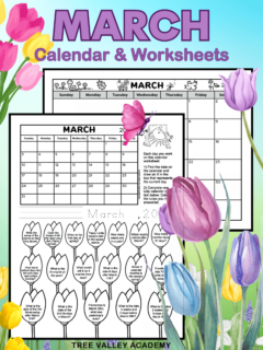 Black and white printable 1st and 2nd grade March calendar worksheet for kids and cute March calendar. The full page blank monthly calendar for the month of March is decorated with cute spring images. The calender worksheet has a calendar of the month and 18 calendar questions written in a tulip. It's a coloring worksheet where kids can color the tulips of questions they've answered. There are also spots for kids to write and trace the current date.