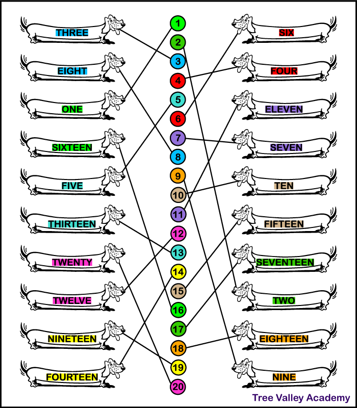 The answer key for a matching numbers to words 1-20 worksheet.