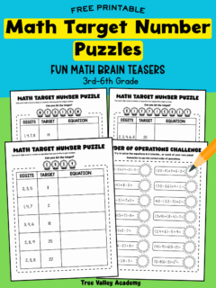 Free printable math target number puzzles for kids with easy, medium, and difficult worksheets plus an order of operations challenge for 3rd to 6th grade students.