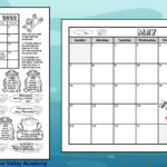 A black and white printable May 2023 calendar coloring worksheet for kids. As well as a full page blank May 2023 calendar. Both printables have cute images of frogs, frogs on logs and lily pads with lotus flowers.