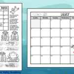 A black and white printable May 2023 calendar coloring worksheet for kids. As well as a full page blank May 2023 calendar. Both printables have cute images of frogs, frogs on logs and lily pads with lotus flowers.