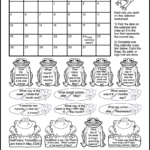 A frog themed May 2024 calendar worksheet. The math coloring worksheet is for grade 1 & 2 students. There's 18 calendar questions written in the images of 6 frogs, 9 lily pads, and 3 logs with frogs sitting on them. Kids can color the images as they answer the questions.