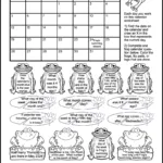 A frog themed May 2024 calendar worksheet. The math coloring worksheet is for grade 1 & 2 students. There's 18 calendar questions written in the images of 6 frogs, 9 lily pads, and 3 logs with frogs sitting on them. Kids can color the images as they answer the questions.