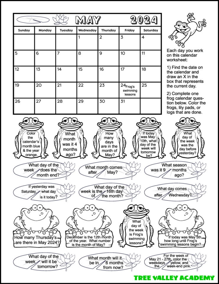 Calendar Worksheet for May 2024 Tree Valley Academy