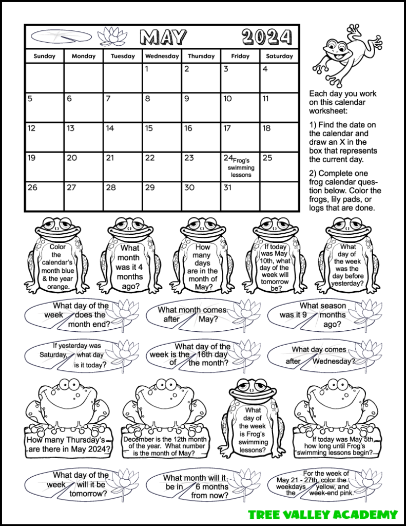 A frog themed May 2024 calendar worksheet. The math coloring worksheet is for grade 1 & 2 students. There's 18 calendar questions written in the images of 6 frogs, 9 lily pads, and 3 logs with frogs sitting on them. Kids can color the images as they answer the questions.