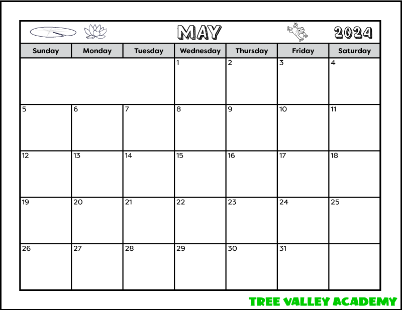 A full letter sized landscape orientation printable calendar for the month of May 2024. Images of a lily pad, lotus flower, and jumping frog decorate the calendar. There's a space at the bottom where you can write notes.