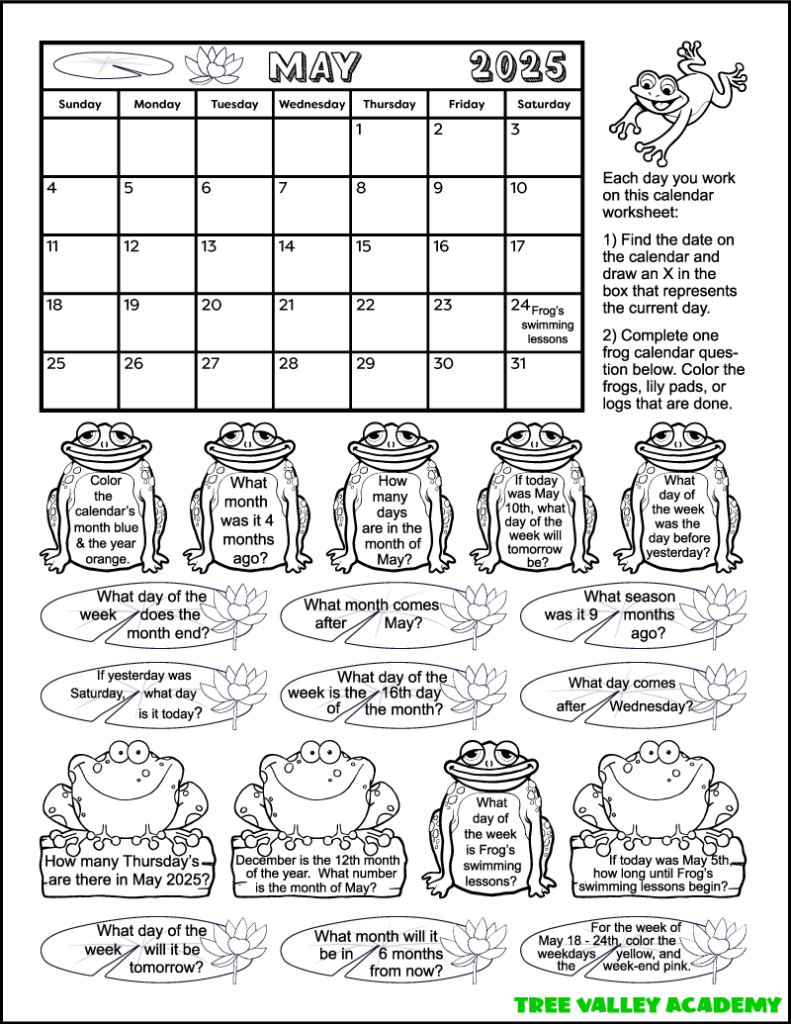 A frog themed May 2025 calendar worksheet. The math coloring worksheet is for grade 1 & 2 students. There's 18 calendar questions written in the images of 6 frogs, 9 lily pads, and 3 logs with frogs sitting on them. Kids can color the images as they answer the questions.