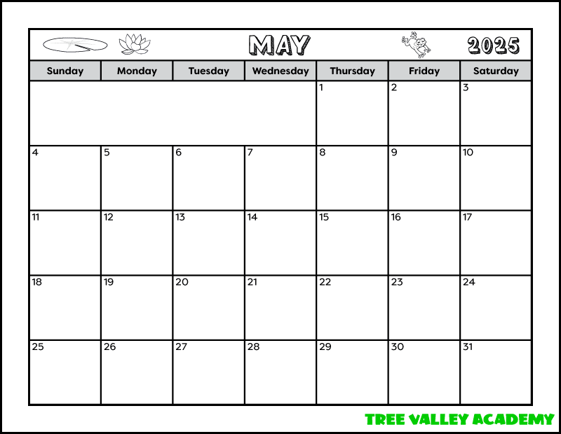 A full letter sized landscape orientation printable calendar for the month of May 2025. Images of a lily pad, lotus flower, and jumping frog decorate the calendar. There's a space at the bottom where you can write notes.