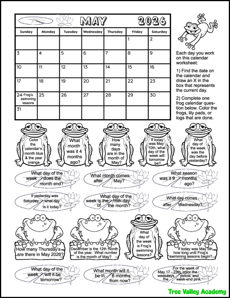 Free printable May 2026 calendar worksheet for kids with frog theme and daily calendar questions for 1st and 2nd grade