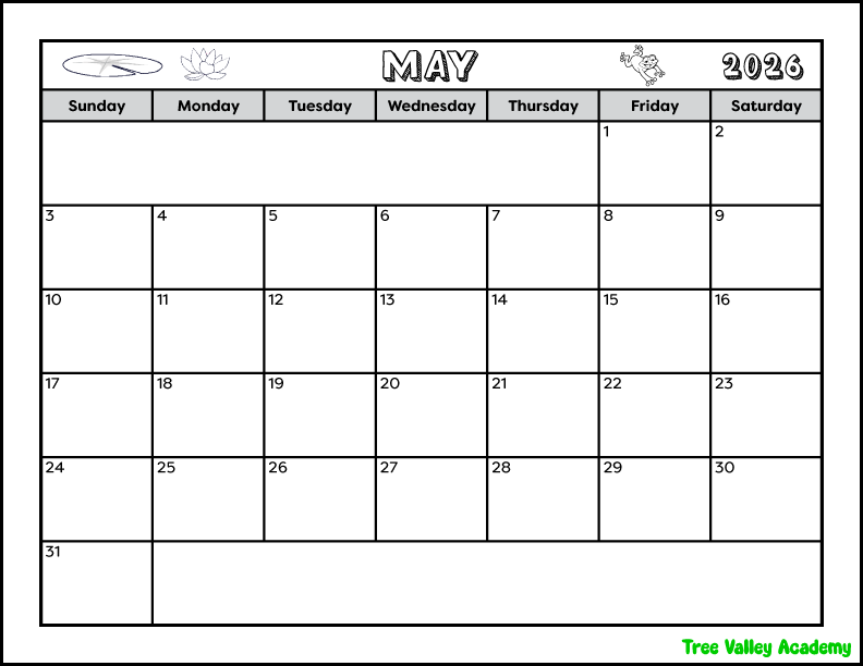 Free printable May 2026 calendar in black and white with frog and lily pad theme