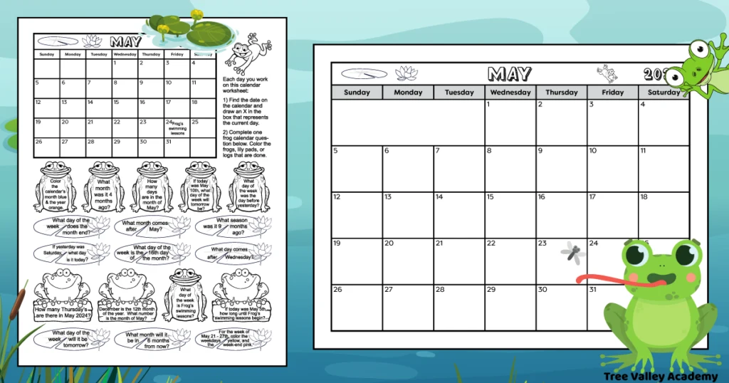 A black and white printable May calendar coloring worksheet for kids. As well as a full page blank calendar for the month of May. Both printables have cute images of frogs, frogs on logs and lily pads with lotus flowers.