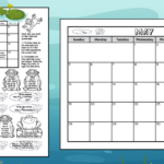 A black and white printable May calendar coloring worksheet for kids. As well as a full page blank calendar for the month of May. Both printables have cute images of frogs, frogs on logs and lily pads with lotus flowers.