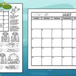 A black and white printable May calendar coloring worksheet for kids. As well as a full page blank calendar for the month of May. Both printables have cute images of frogs, frogs on logs and lily pads with lotus flowers.