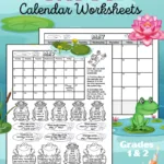Black and white printable May calendar worksheets, and a full page printable frog themed calendar for the month of May. Each worksheet has a May calendar and images of frogs, lily pads with lotus flowers, and frogs on logs. There are calendar questions written in the images of 6 frogs, 9 lily pads, and 3 logs. Kids color each image as they answer its question.