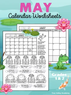 Black and white printable May calendar worksheets, and a full page printable frog themed calendar for the month of May. Each worksheet has a May calendar and images of frogs, lily pads with lotus flowers, and frogs on logs. There are calendar questions written in the images of 6 frogs, 9 lily pads, and 3 logs. Kids color each image as they answer its question.