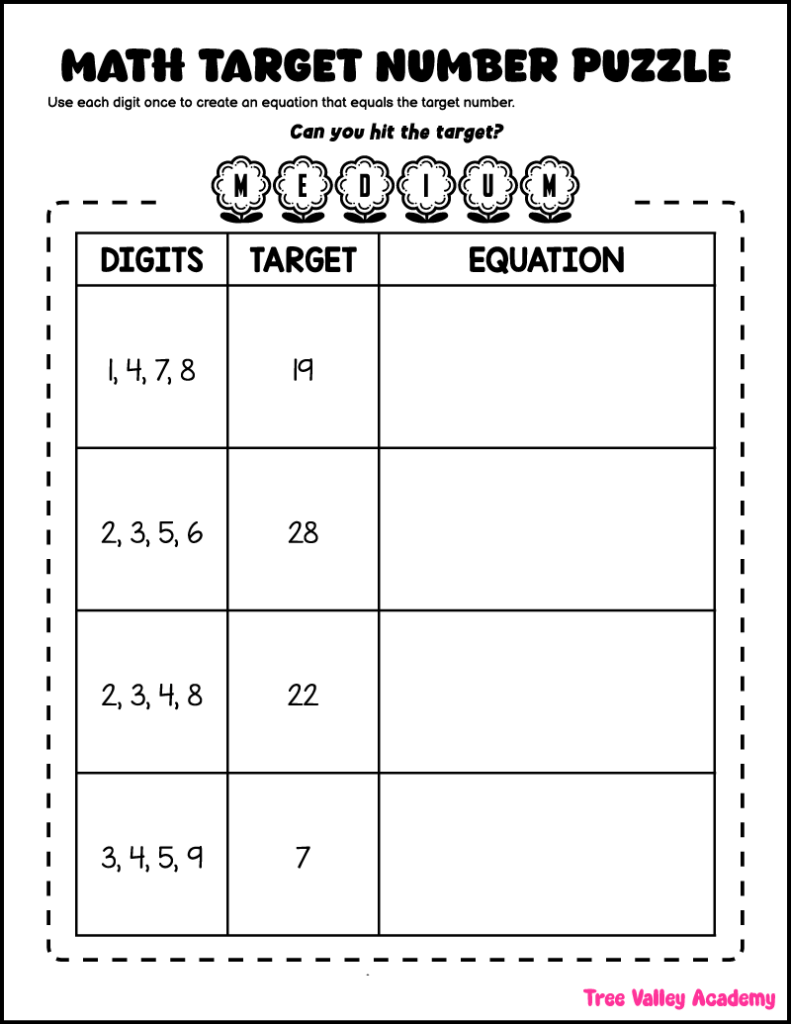Medium math target number puzzles worksheet for kids using multiple digits to build equations.