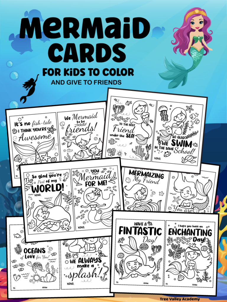 12 free printable mermaid-themed cards kids can color and give to their friends.