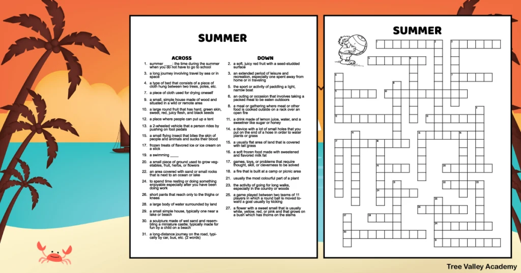 A black and white printable summer crossword puzzle. There are 2 pages: a page of clues, and a full page puzzle. The puzzle page has an image that can be colored of a boy in a bathing suit holding a beach ball. The clue page has 19 clues across and 15 clues down.