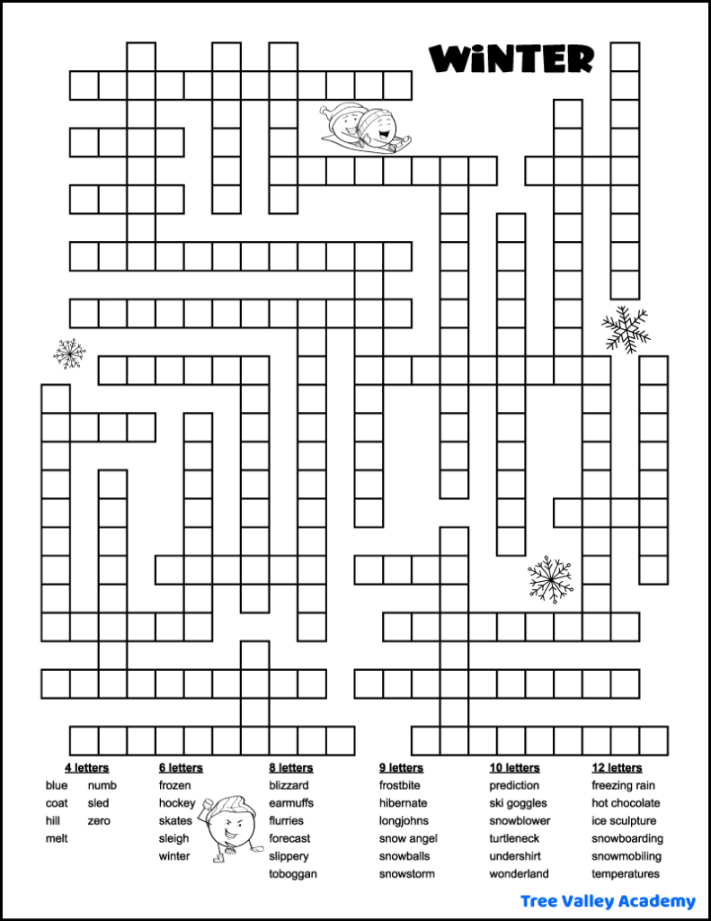 Free printable winter fill in word puzzle for middle school students to adult. The puzzle has 36 winter words to fit in the puzzle: from 4 to 12 letters long.