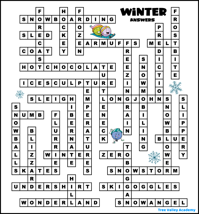 The answer key for a winter fill in word puzzle.