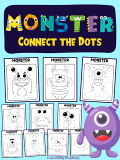 10 printable monster connect the dot coloring pages for kids
