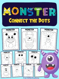 10 printable monster connect the dot coloring pages for kids