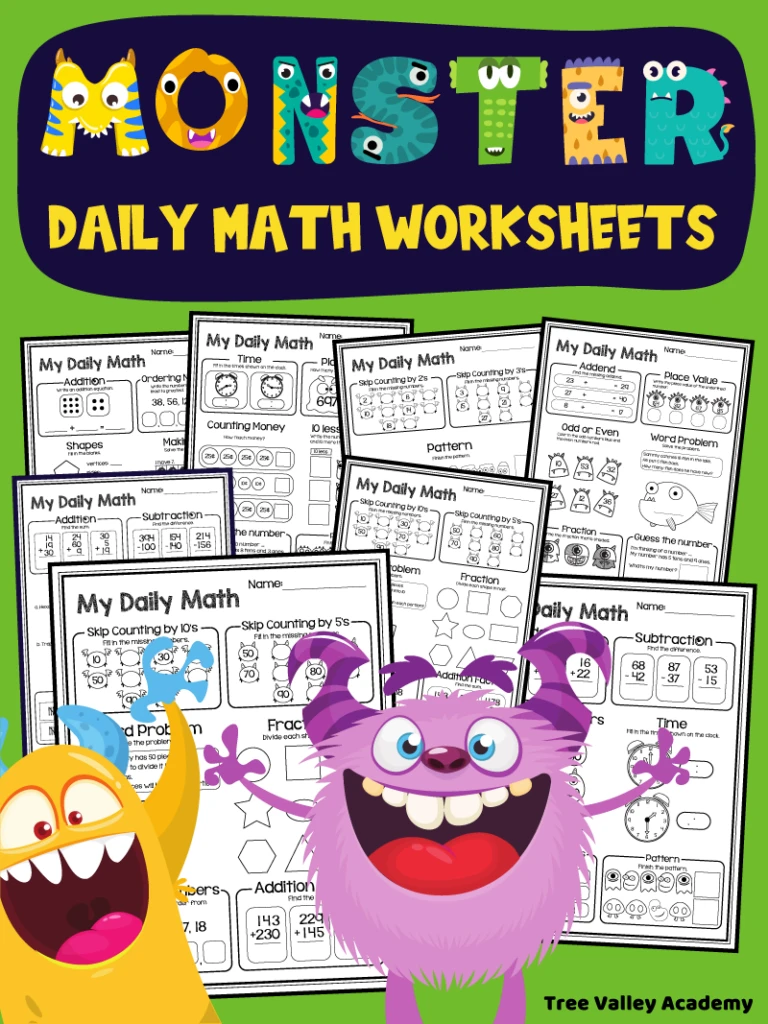 8 free printable monster themed daily 2nd grade math worksheets for kids