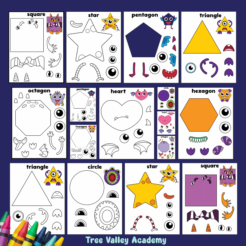Black-and-white and colored monster shape craft templates showing circles, squares, triangles, stars, hearts, and other shapes
