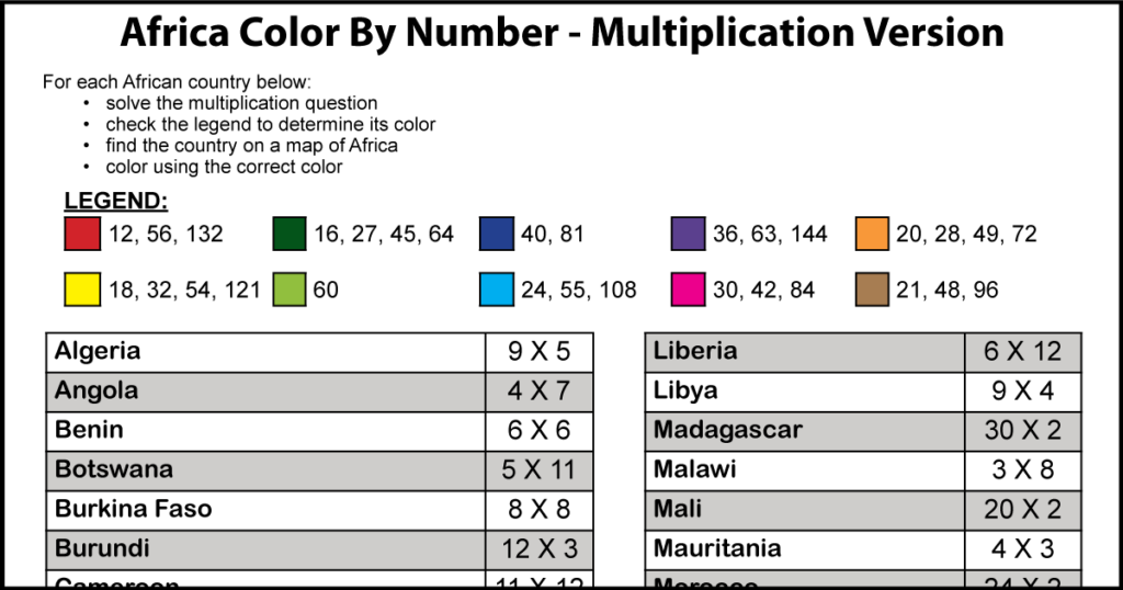 A part of an African themed multiplication color by number worksheet. There's a list of African countries and a multiplication question beside each country. There's also instructions and a color legend with answers to the multiplication questions.