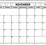 A full page printable November 2023 calendar. The black and white page calendar has 5 small elephants decorating the header. And there are 2 spaces for writing notes. The blank November 2023 calendar is landscape orientation on letter sized paper.