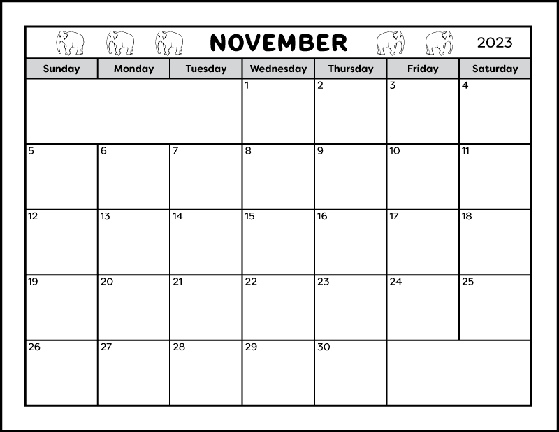 A full page printable November 2023 calendar. The black and white page calendar has 5 small elephants decorating the header. And there are 2 spaces for writing notes. The blank November 2023 calendar is landscape orientation on letter sized paper.