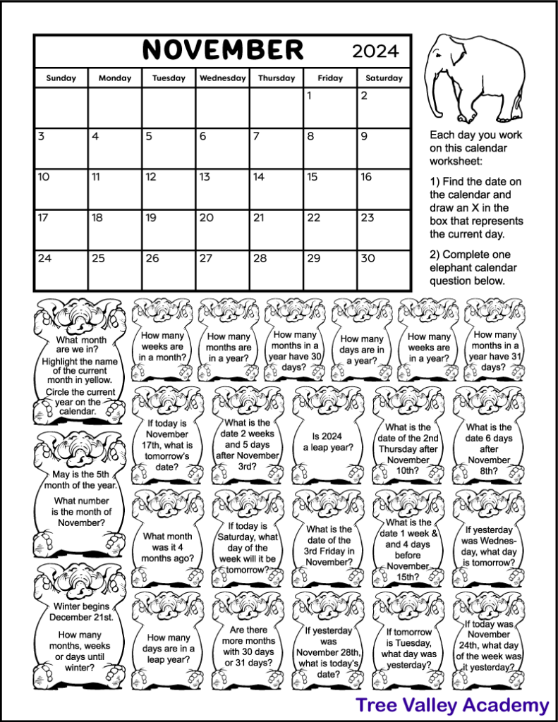 Kids Printable Calendar Worksheet for November 2024