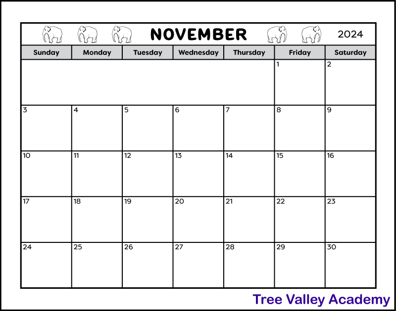 A full page printable November 2024 calendar. The black and white page calendar has 5 small elephants decorating the header. And there are 2 spaces for writing notes. The blank November 2024 calendar is landscape orientation on letter sized paper.