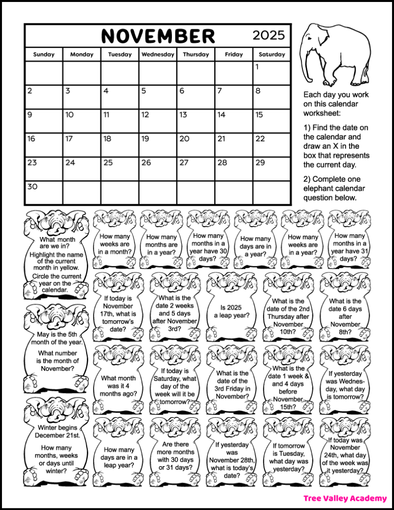 Free printable black and white November 2025 2nd grade calendar worksheet for kids.