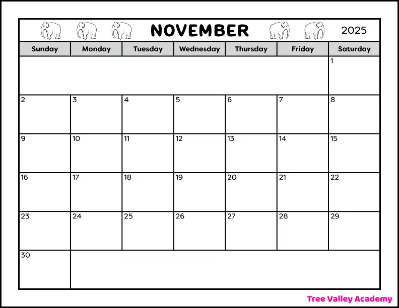 A full page printable blank November 2025 calendar that is landscape orientation on letter size paper. The black and white calendar has 5 small elephants decorating the header. And there are 2 spaces for writing notes.