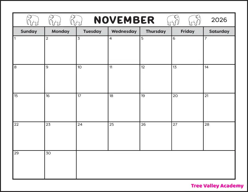 A full page printable blank November 2026 calendar that is landscape orientation on letter size paper. The black and white calendar has 5 small elephants decorating the header. And there are 2 spaces for writing notes.