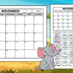 A full page printable November 2023 monthly calendar and a November calendar worksheet for kids. The worksheet has a calendar of the month of November 2023 and 24 elephant pictures with a calendar question written in each. Both calendar printables print in black and white.