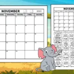 A full page printable November 2023 monthly calendar and a November calendar worksheet for kids. The worksheet has a calendar of the month of November 2023 and 24 elephant pictures with a calendar question written in each. Both calendar printables print in black and white.